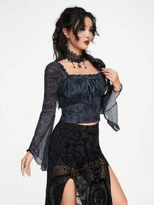 ROMWE Goth Áo thun tay loe lưới cổ vuông họa tiết bướm cổ điển dành cho nữ - Màu xanh hải quân - Xem 5