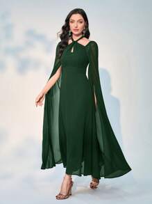 Modelyn 撞色网眼斗篷袖松紧腰连衣裙