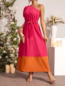 Breezaya Của phụ nữ Đúng mốt Thanh lịch Khối màu Cổ không đối xứng Váy có thắt lưng - Màu Hồng Tươi - Xem 5