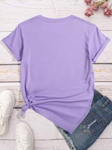 INAWLY Butterfly Print Round Neck T-Shirt Graphic Tees Women Tops - Purple - View 2
