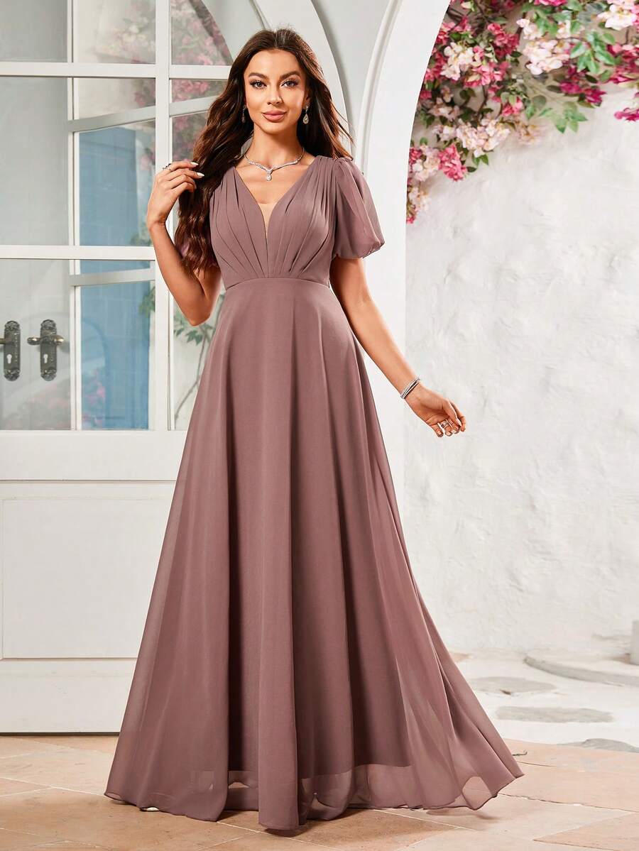 V-Neck Chiffon Bridesmaid Dress With Ruched Bodice - Dusty Pink - View 1
