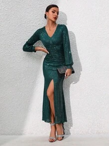 SHEIN Belle V Neck High Slit Long Sleeve Sequin Dress - Dark Green - View 6