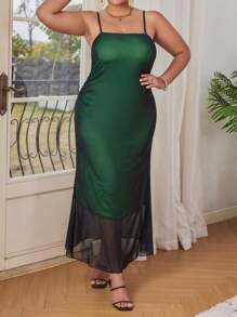 Calvaya Plus Size Women's Patchwork Sheer Mesh Spaghetti Strap Dress - Green - View 4