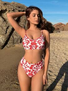 SHEIN Swim 女士花卉印花比基尼套装夏季海滩 - 彩色 - 查看 3