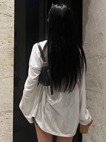 DAZY 纯色宽松纽扣前襟半襟落肩长袖 T 恤，秋季服装 - 白色 - 查看 2