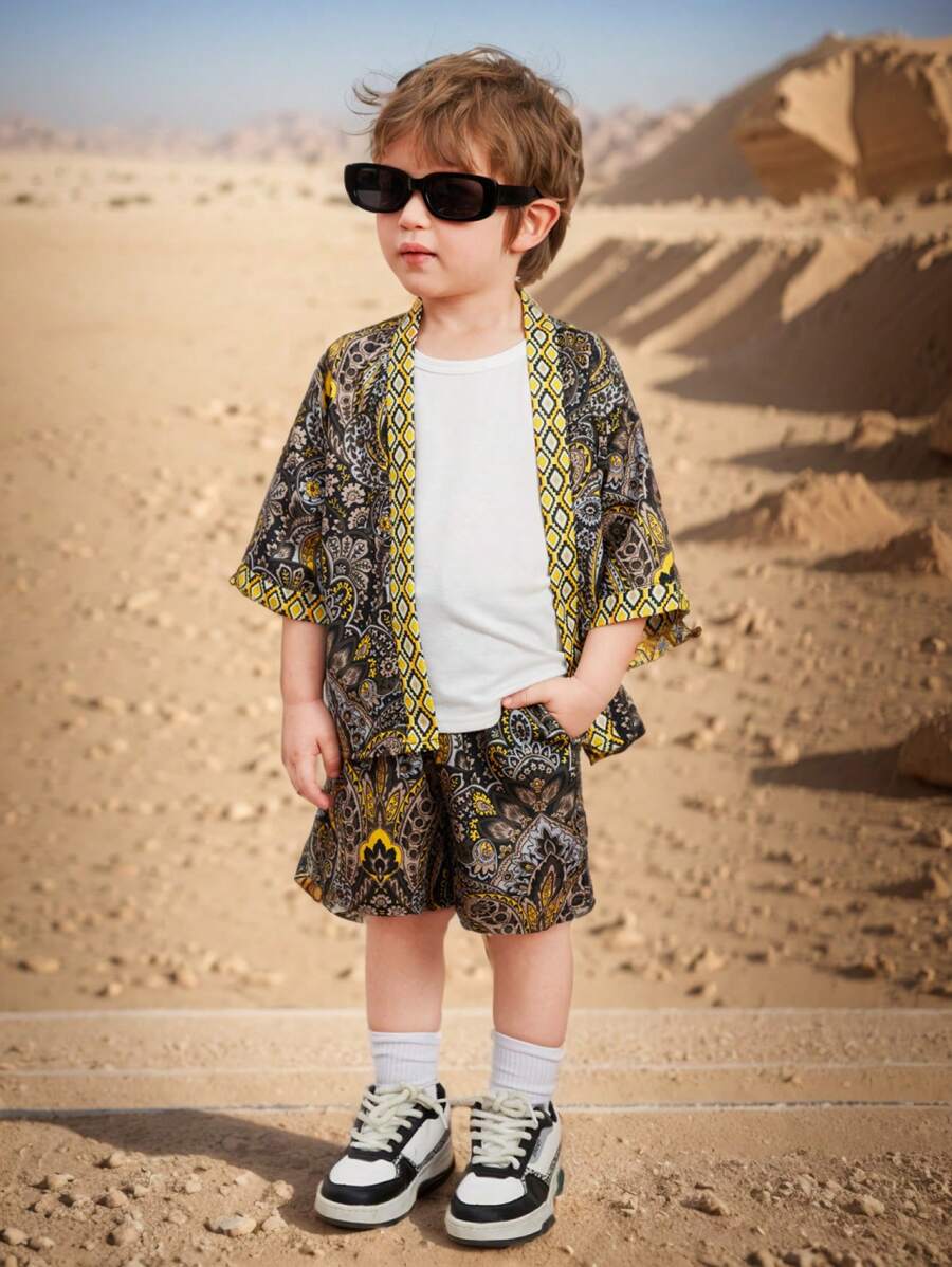 SHEIN 2pcs/Set Young Boys' Casual College Style Soft Retro Full Floral Print Short Sleeve Shirt And Shorts, Suitable For Spring, Summer And Autumn - Brown - View 1