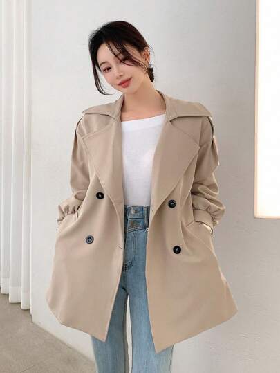 DAZY Áo khoác trench coat nữ tay dài cài hai hàng khuy màu trơn, quần áo mùa thu cho nữ