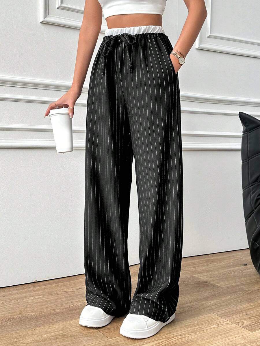 EURMUSE 女士條紋對比色直筒褲