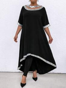 EMERY ROSE Plus 1pc Contrast Sequin High Low Hem Dress - Black - View 1