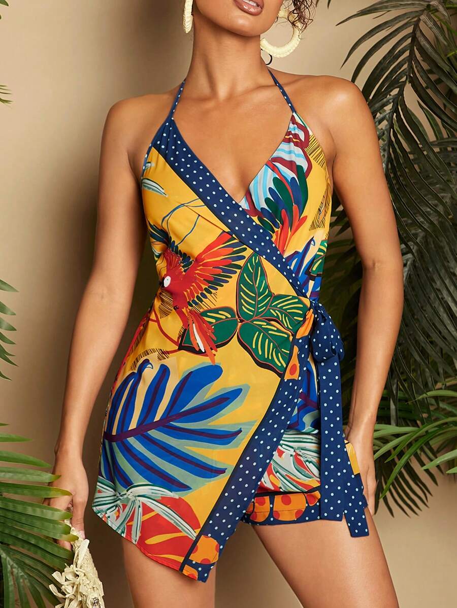 Travachic Mono De Estilo De Vacaciones De Mujer Con Cuello Halter Envuelto Y Atado Con Estampado De Plantas - Multicolor - Ver 1