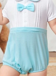 Baby Boy's Gentleman Style Short Sleeve 2 In 1 Bodysuit With Bowknot And Patchwork Design - Blue and White - View 3