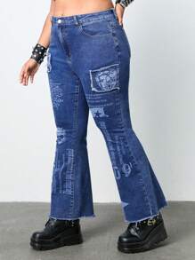ROMWE Grunge Punk Jeans Acampanados Entallados De Estilo Punk De Talla Grande Para Mujer Con Parche De Calavera - Azul - Ver 3