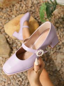 Design cu cataramă pentru damă, cu vârf pătrat, pantofi cu toc înalt cu toc înalt, pantofi cu toc înalt de primăvară și toamnă superbi - Mov Mov - Vizualizare 2