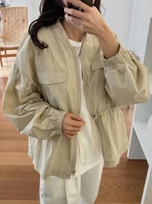 FRIFUL Women's Drawstring Waist Baseball Collar Jacket,Fall Clothes - Beige - View 1