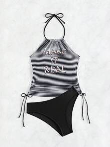 SHEIN Swim 女士字母条纹印花吊带背心套装 夏季 - 黑與白 - 查看 8