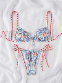 Swim Mod 夏日海滩花朵印花撞色边比基尼套装