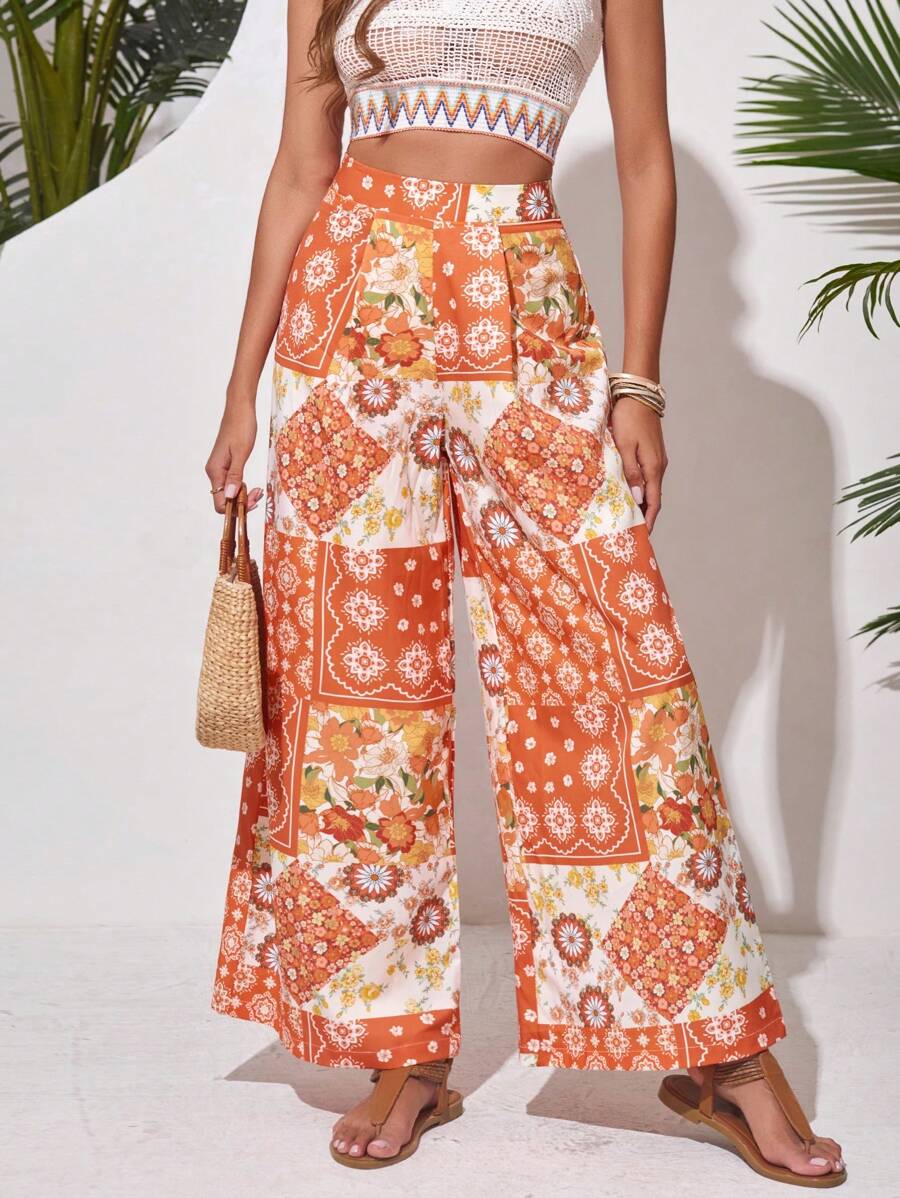 SHEIN VCAY 花卉印花寬鬆寬腿褲 - 彩色 - 查看 1