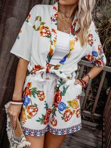 SHEIN Holidaya Floral Print Drop Shoulder Coat & Shorts Without Tube - White - View 4