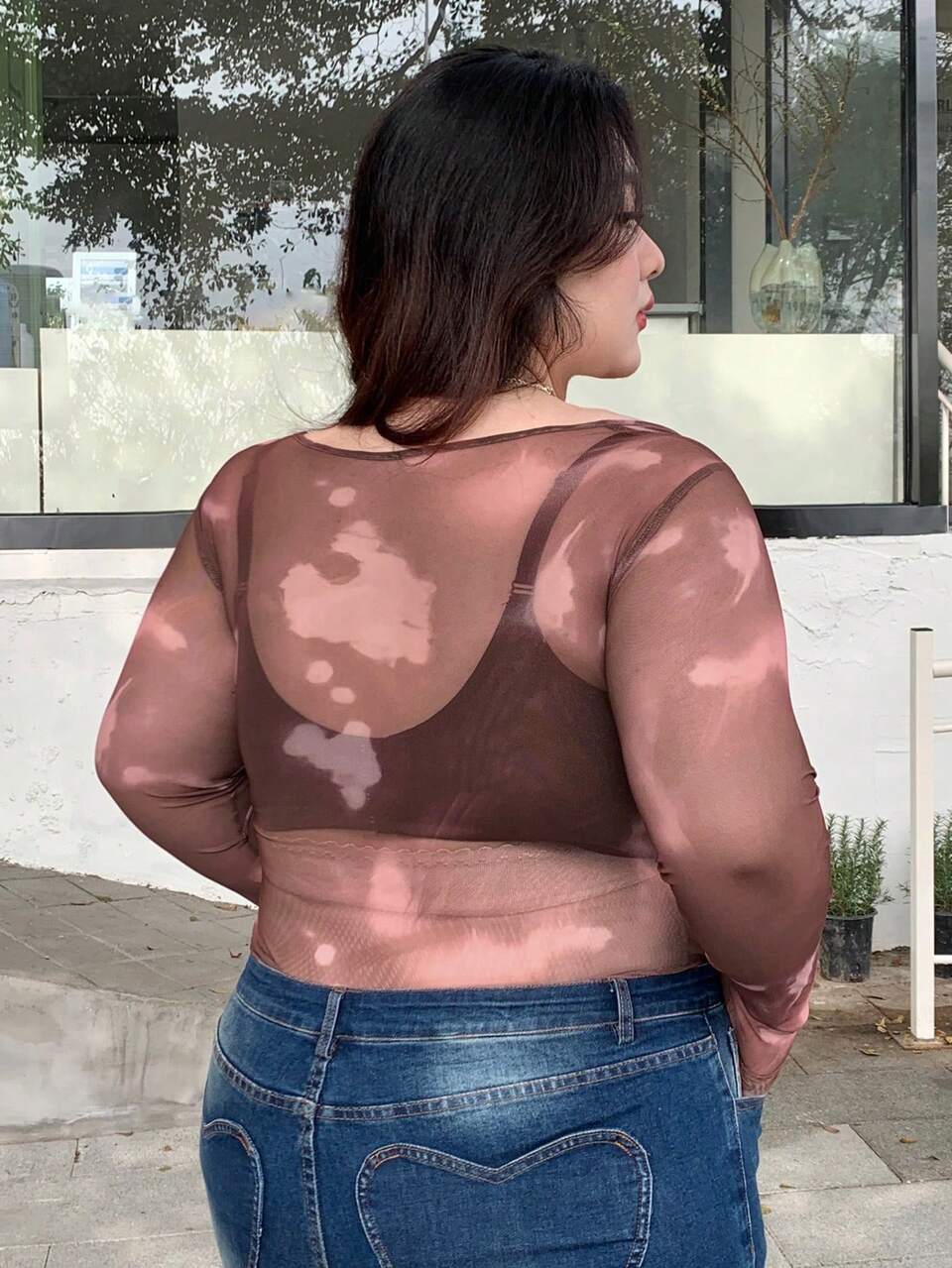 Dazy Plus Plus Size Printed Slim Fit Mesh Top With Sweetheart Neckline And Twist Knot Detail Long Sleeve Women Tops Going Out Tops Women