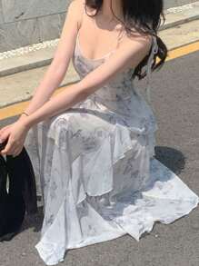 DAZY Damen elegantes Sommerkleid mit floraler Bedruckung, geraffter Taille und Rüschensaum an den Trägern, Lässig Damenkleid