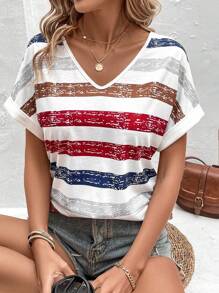 SHEIN LUNE V-Neck Batwing Striped Short Sleeve T-Shirt - Multicolor - View 3