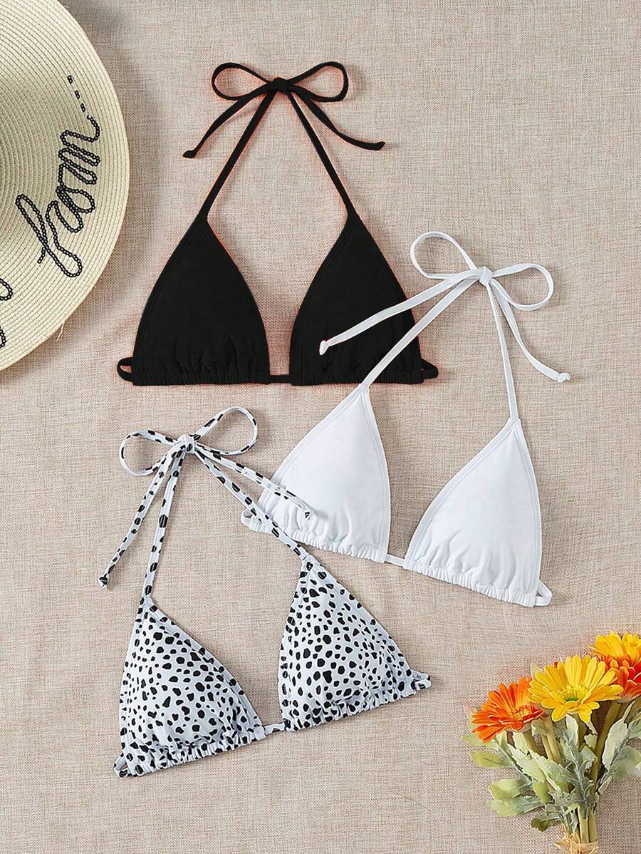 SHEIN Swim Summer Beach Women's Halter Neck Swimwear Top With Straps Triangle Bikini Top - Multicolor - View 1