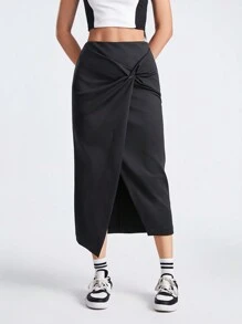 Easithlete Casual Solid Color Twist Knot Front Slit Sporty Skirt
