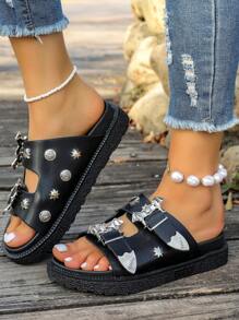 女士厚底凉鞋，金属搭扣铆钉装饰，露趾平底鞋，舒适百搭，适合春夏休闲或户外穿着，以及海滩装扮。 - 黑色 - 查看 2