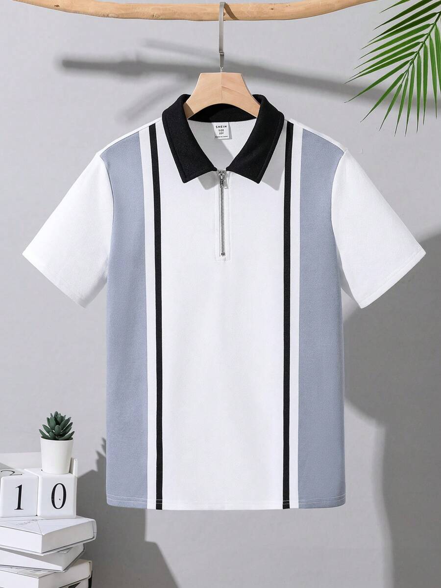 SHEIN Cậu bé Tween Lỏng lẻo phù hợp Giải trí Mẫu sọc Collared Ngắn tay Áo polo - trắng - Xem 1