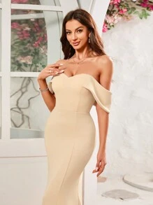Elegant Off Shoulder Floor Length Mermaid Hem Formal Evening Dress - Apricot - View 3