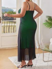 Calvaya Plus Size Women's Patchwork Sheer Mesh Spaghetti Strap Dress - Green - View 2