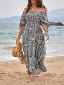 Breezaya Plus Size Floral Paisley Print Off Shoulder Puff Sleeve Dress - Multicolor - View 3