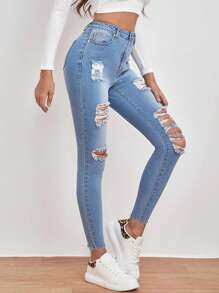 SHEIN Essnce Jeans ajustados de talle alto roto bajo crudo - Lavado ligero - Ver 5