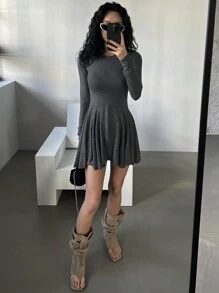 DAZY 女款休閒短洋裝，春秋季長袖洋裝，女裝校園風 - 灰色 - 查看 3
