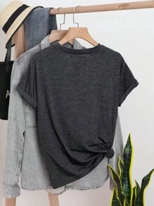 INAWLY Áo thun nữ tay ngắn in hình mèo cỡ lớn có vai trễ - Màu xám đen - Xem 2
