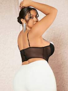 SHEIN BAE Plus Size Color Block 3d Flower Rosette Contrast Mesh Corset Camisole - Black and White - View 2