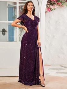 Đầm dài xẻ tà trang trí sequin tay bèo nhún - Màu tím - Xem 8
