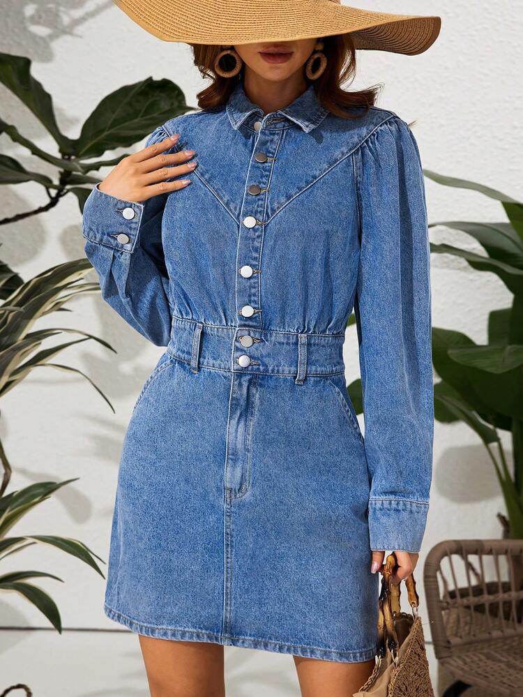 Women's Puff Long Sleeve Denim Shirt Dress