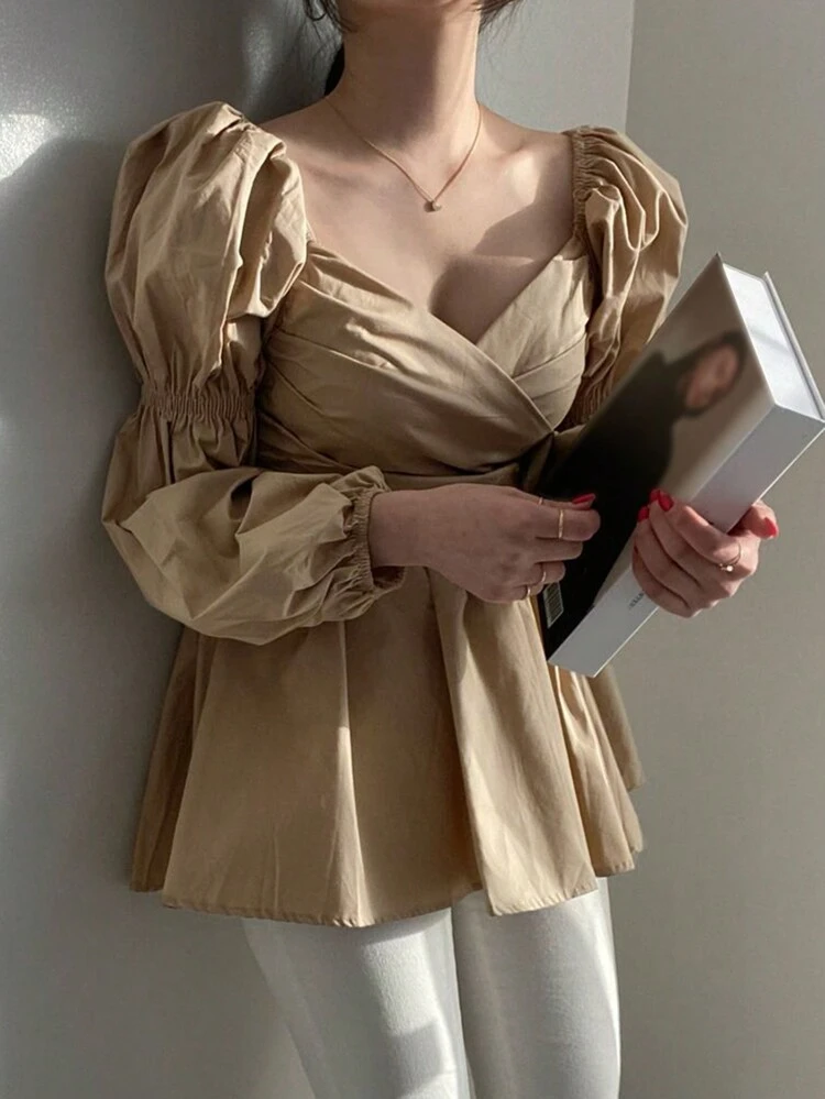 Ladies' Plain Lantern Sleeve Shirt With Pleats And Sweetheart Collar,Ruffle,Fall Clothes Long Sleeve Top Babydoll Top