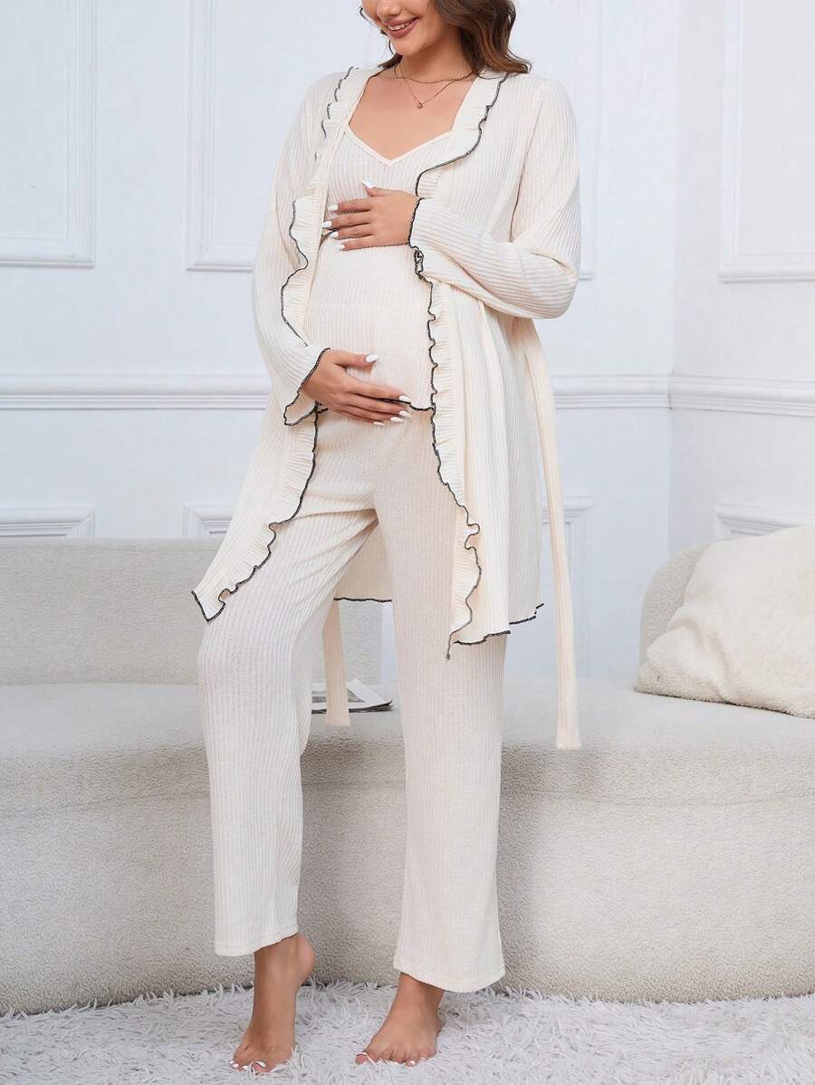 Moonlight&Mama Maternity 3pcs/Set Color-Blocked Edging Homewear For Mother - Beige - View 1