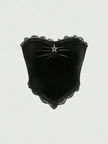 ROMWE Goth Velvet Splice Lace Flower Decoration Five Pointed Star Pendant Bandeau Top - Black - View 5