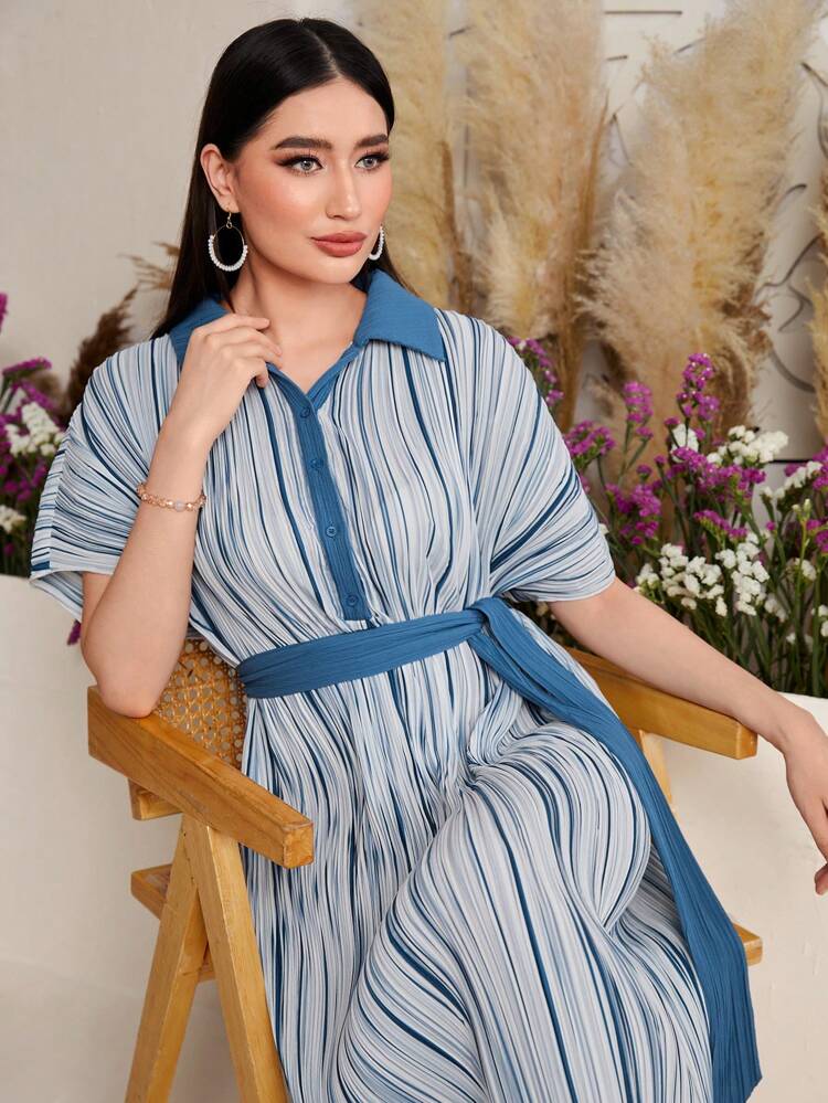 Women's Striped Button Down Half-Placket Batwing Sleeve Dress