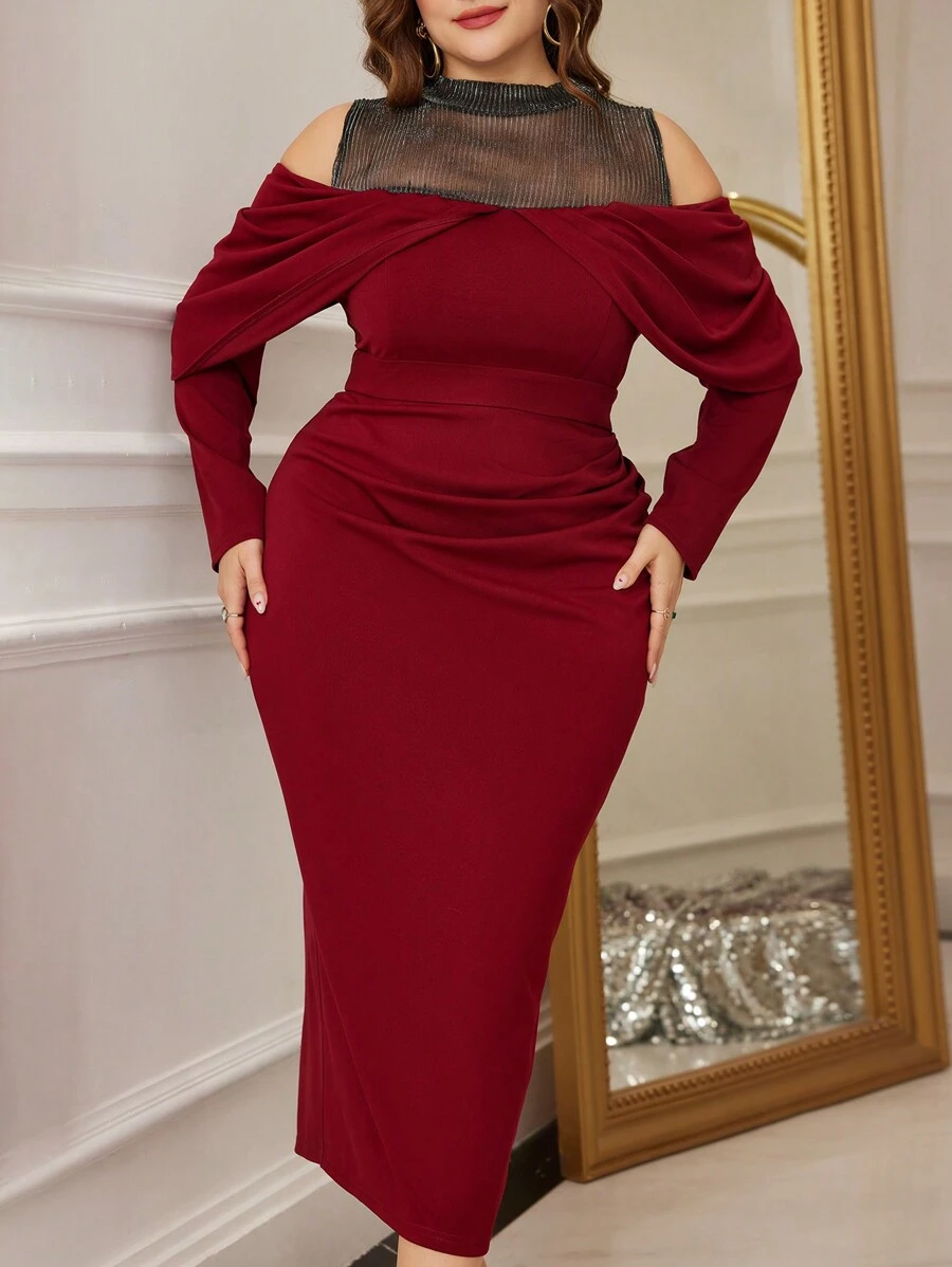 Modelyn Plus Size Mesh Splice Off Shoulder Neck Slit Bodycon Dress Maxi Women Outfit Long Evening Dresses