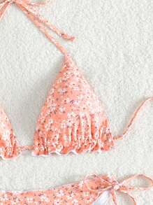 SHEIN Swim 女士碎花露背系带比基尼套装夏季海滩 - 粉色 - 查看 6