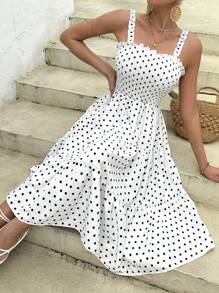 Chiquease Romantic And Lovely Polka Dot Printed Holiday Sundress With Frill Trim For Spring/Summer - Black and White - View 1