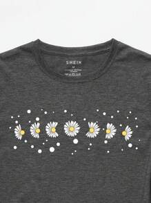 SHEIN EZwear Daisy Print Short Sleeve T-Shirt - Dark Grey - View 4
