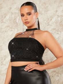 SHEIN BAE Plus Size Women's Glamorous Sheer Fishnet Halter Top With Diamond Decoration For Club & Festival