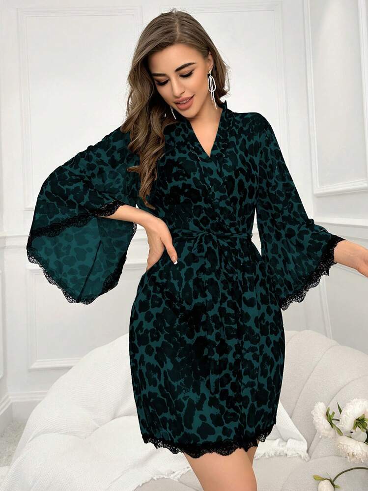 SHEIN 女士豹紋網狀連衣裙 - 墨綠色 - 查看 4