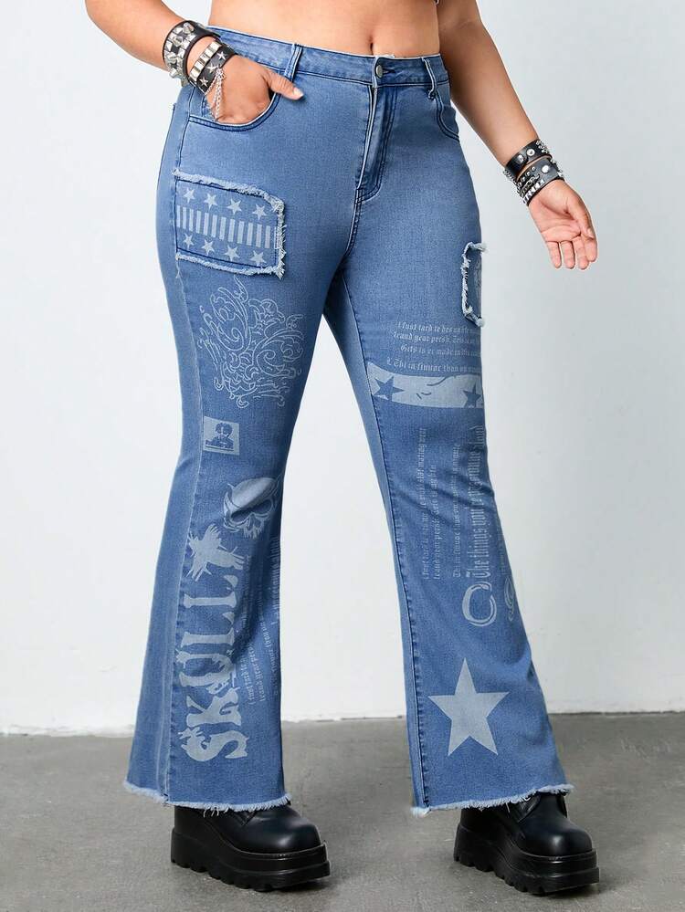 Plus Size Skull, Stars, Slogan Printed Flare Jeans