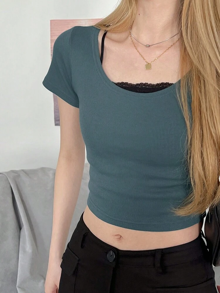 Women's Round Neck Crop Top Short Sleeve T-Shirt